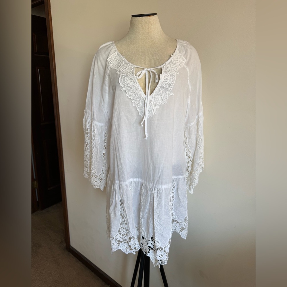 BOSTON PROPER White Crochet Blouse Long Sleeve Top Large NWOT